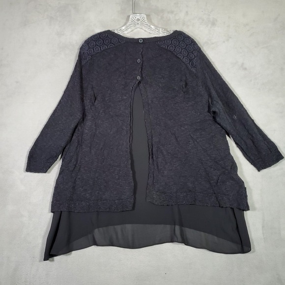Lucky Brand Sweater Womens 2X Black Lace Overlay Tunic Linen Blend High Low Boho - Picture 2 of 9
